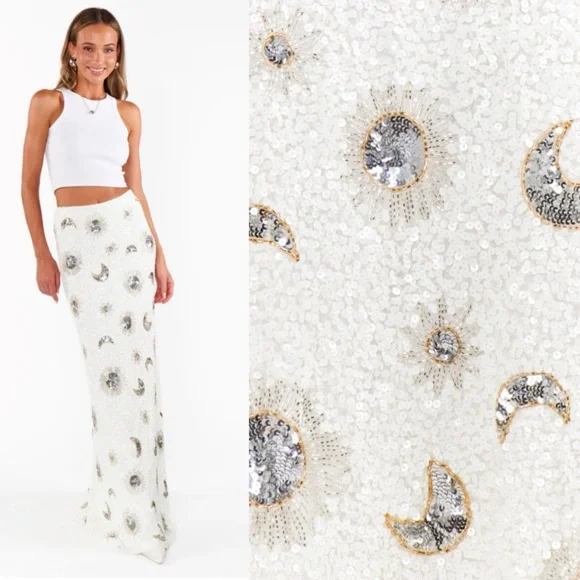 Show Me Your Mumu RSVP Skirt in White Celestial Sequins Allover Embellished XL - Picture 5 of 13